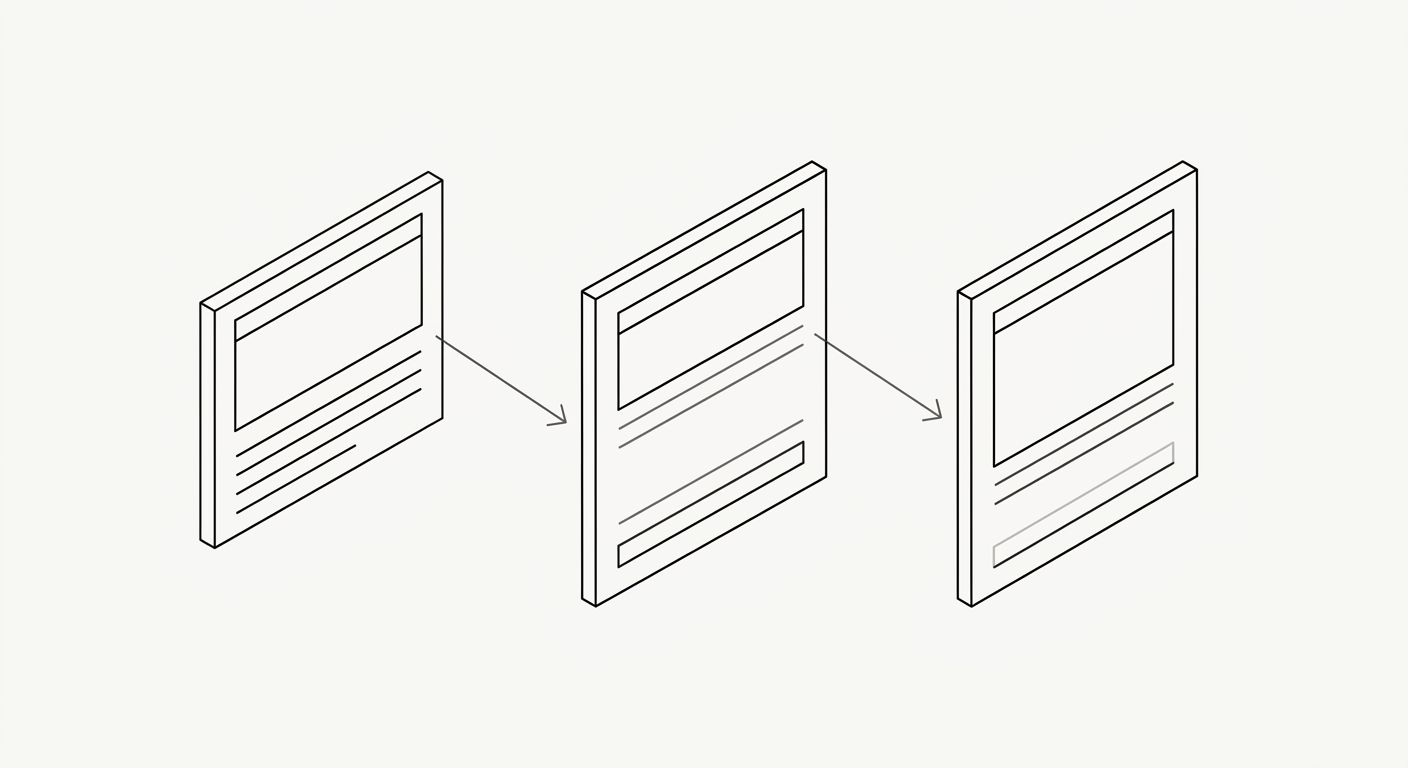 A simple diagram showing three pages connected by arrows: an informational blog post linking to a commercial comparison page, which links to a transactional product page, illustrating the internal lin