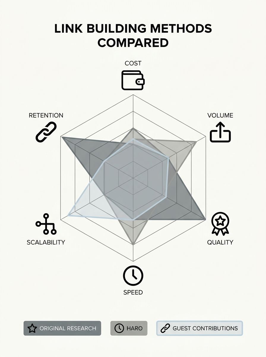 Infographic comparing three link building methods (original research, HARO, guest contributions) across six dimensions: cost, volume, quality, speed, scalability, and link retention, displayed as a ra