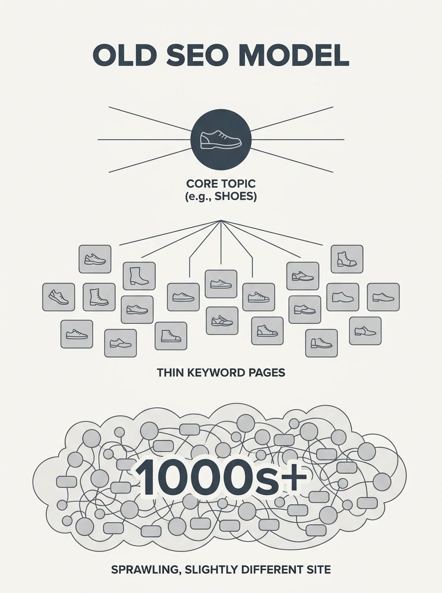 A simple diagram showing the old SEO model where each keyword variation gets its own dedicated page, creating a sprawling site with dozens of thin pages all targeting slight permutations of the same c
