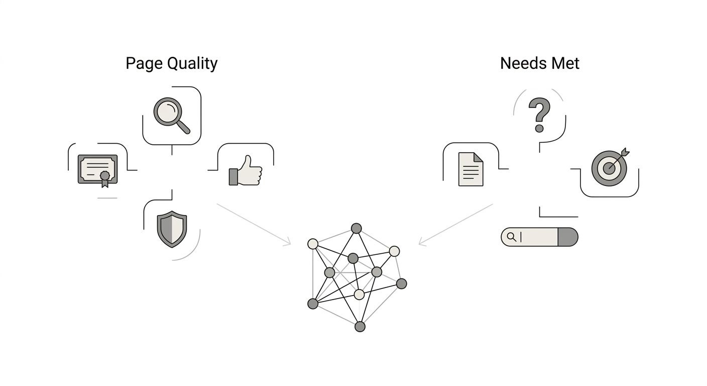 side-by-side comparison showing the two quality rater evaluation axes, Page Quality on the left with E-E-A-T criteria listed, and Needs Met on the right with intent-matching criteria, connected by arr