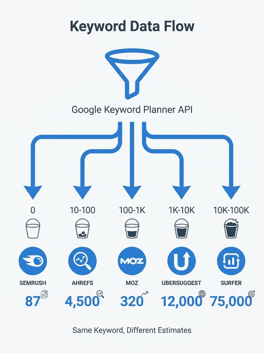 Diagram showing Google Keyword Planner API as a single funnel at the top, with logarithmic bucket ranges (0, 10-100, 100-1K, 1K-10K, 10K-100K) flowing down into five separate SEO tool logos, each outp