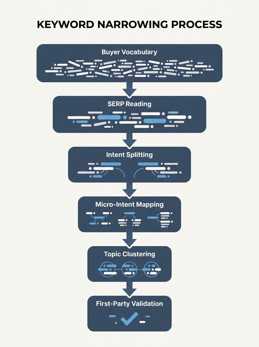 A vertical funnel diagram showing six labeled gates from top to bottom: Buyer Vocabulary, SERP Reading, Intent Splitting, Micro-Intent Mapping, Topic Clustering, First-Party Validation, with keyword c