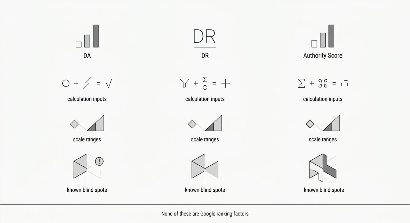 An infographic comparing DA, DR, and Authority Score side by side, showing three columns with their calculation inputs, scale ranges, known blind spots, and a footer note reading "None of these are Go
