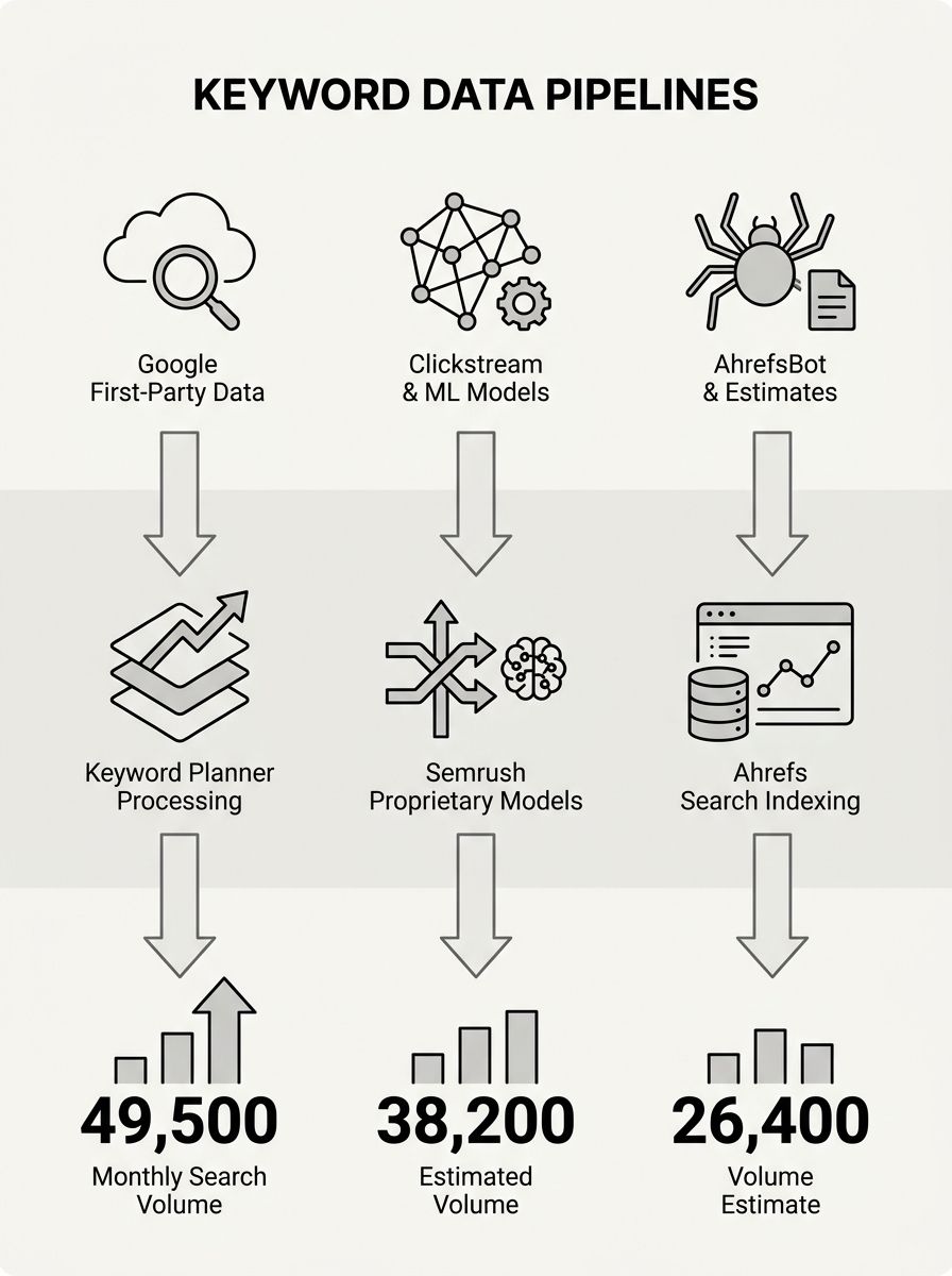 An infographic showing three parallel data pipelines for Google Keyword Planner, Semrush, and Ahrefs, with different data sources at the top (Google first-party data, clickstream panels plus ML models