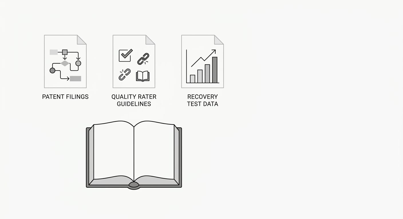 infographic comparing three evidence sources for understanding Google's helpful content system, showing patent filings, quality rater guidelines, and recovery test data as three columns, with specific