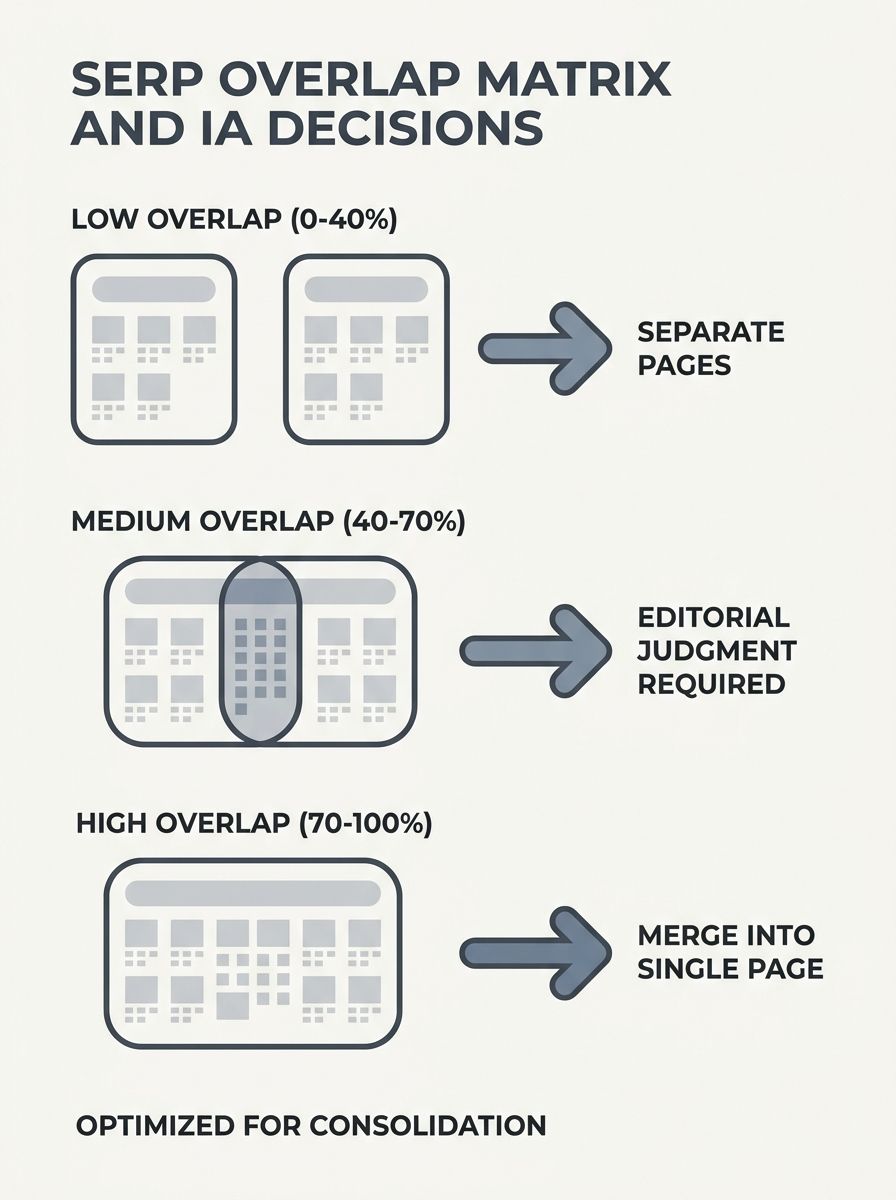 An infographic showing a SERP overlap matrix where keywords are grouped by percentage overlap thresholds — 0 to 40 percent, 40 to 70 percent, and 70 to 100 percent — with arrows pointing to IA decisio