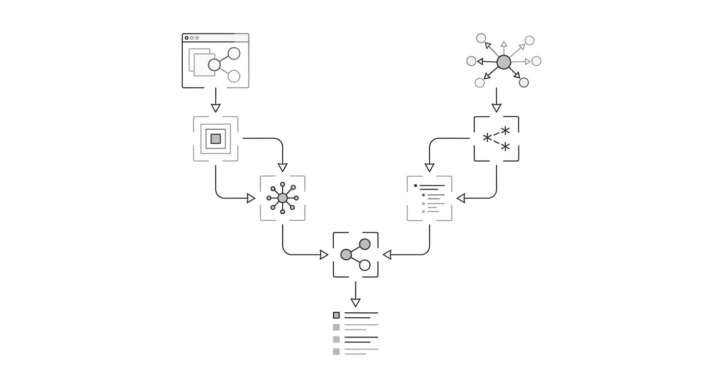 A diagram showing two parallel workflows side by side — one using third-party intent data platforms showing topic-level signals, and one using CRM first-party data showing exact buyer phrases — conver