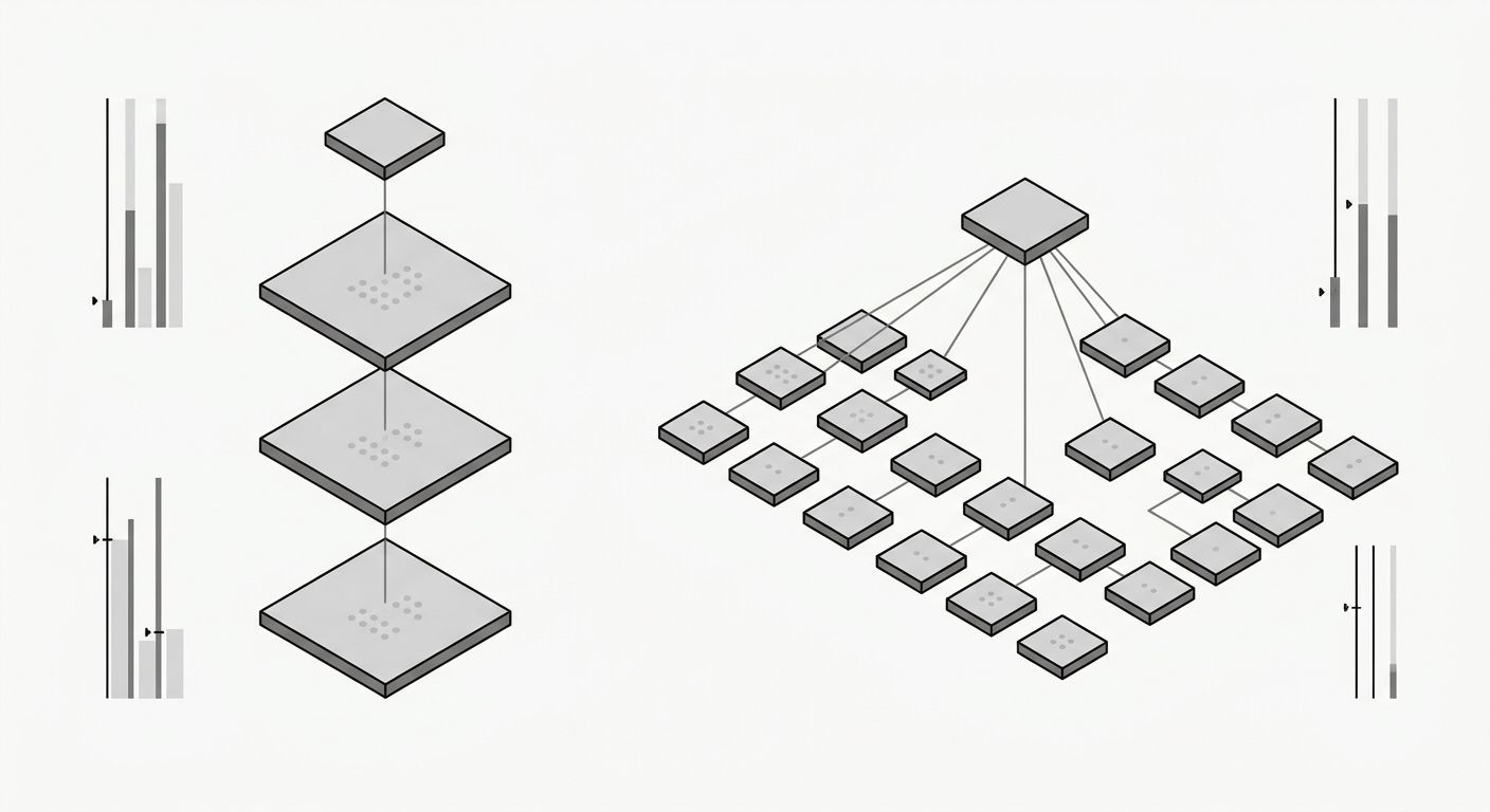 A side-by-side comparison showing two competitor site structures extracted from keyword mapping, one using a consolidated approach with fewer pages and more keywords per page, the other using a distri