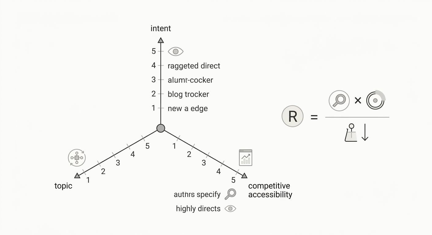 An infographic showing three evaluation axes for keyword scoring—topic fit, intent specificity, and competitive accessibility—each with a 1-to-5 scale, example keywords rated on each axis, and a compo