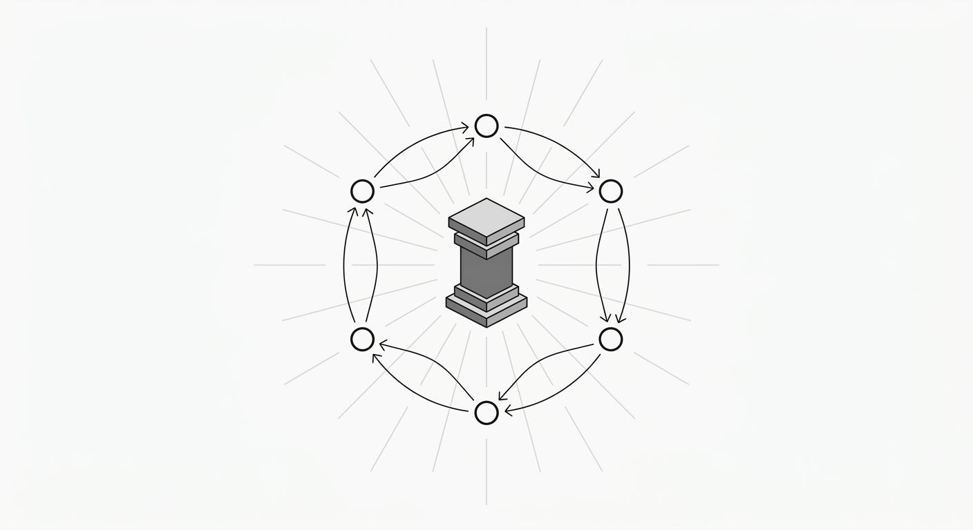 A diagram showing a central pillar topic surrounded by six interconnected sub-topic nodes, with arrows representing internal links flowing between them and cumulative authority signals radiating outwa