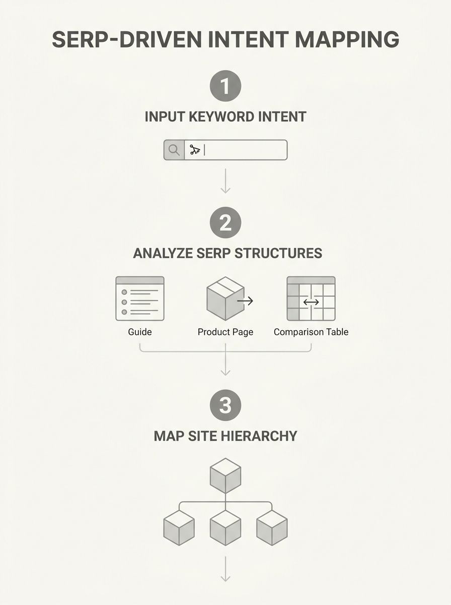 An infographic showing a three-step SERP-driven intent mapping process, with columns for keyword input, SERP analysis (showing different page types like product pages, guides, comparison tables), and