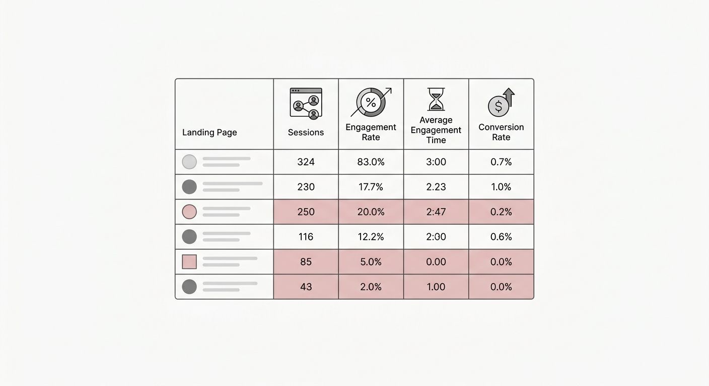 A screenshot-style visualization of a GA4 report showing a table of landing pages with columns for organic sessions, engagement rate, average engagement time, and conversion rate, highlighting three r