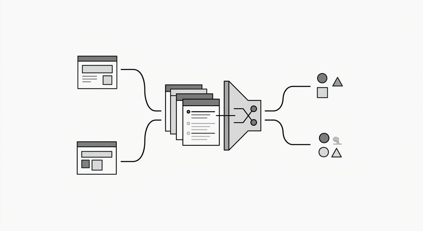 A flowchart showing the four free keyword expansion sources (autocomplete mining, People Also Ask, related searches, and Google Search Console) feeding into a SERP overlap comparison step, which outpu