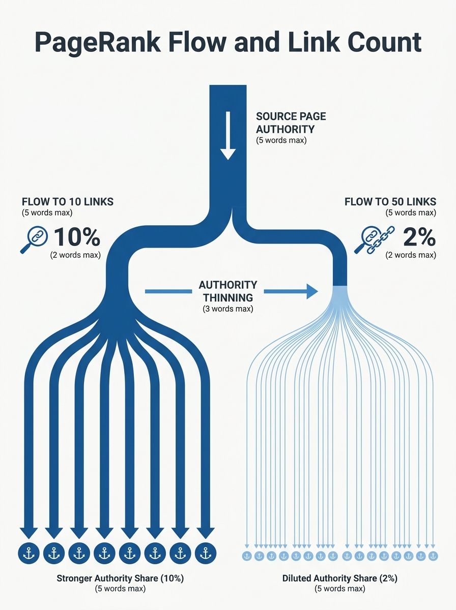 Infographic showing PageRank flow splitting across 10 vs 50 outgoing links from a single page, with visual pipe/flow metaphor showing authority thinning as link count increases
