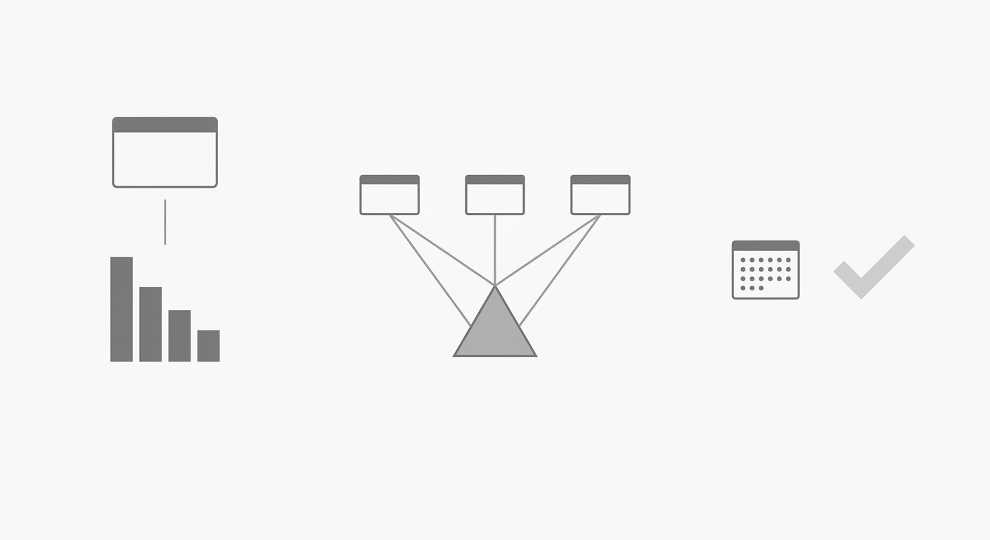 A diagram showing a three-step validation workflow where step one uses a single tool for relative keyword prioritization with a ranked list, step two cross-references high-priority keywords across thr