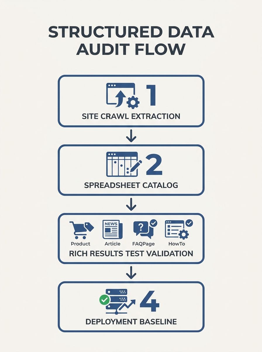 infographic showing a structured data audit workflow with four stages from site crawl extraction to spreadsheet catalog to Rich Results Test validation to deployment baseline, with icons representing 