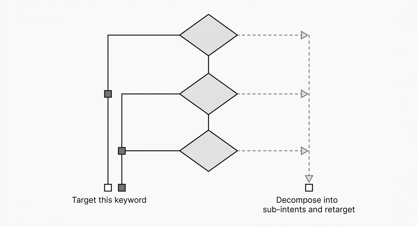 A flowchart diagram of the Intent Clarity Test showing three decision questions in sequence, with pass/fail branches leading to either "Target this keyword" or "Decompose into sub-intents and retarget