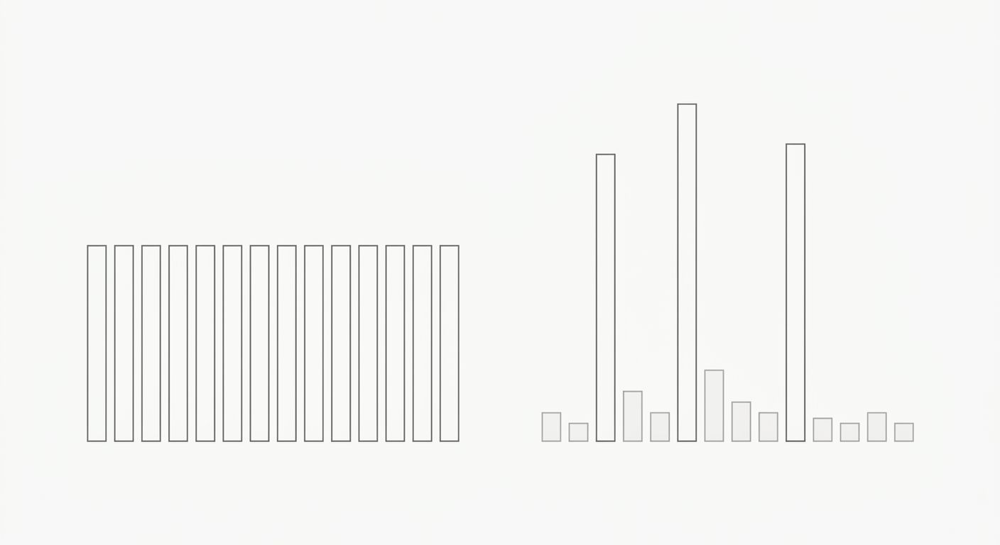 Before-and-after bar chart showing internal link distribution across 14 pages, with the "before" showing roughly equal bars and the "after" showing 3-4 tall bars for money pages and much shorter bars
