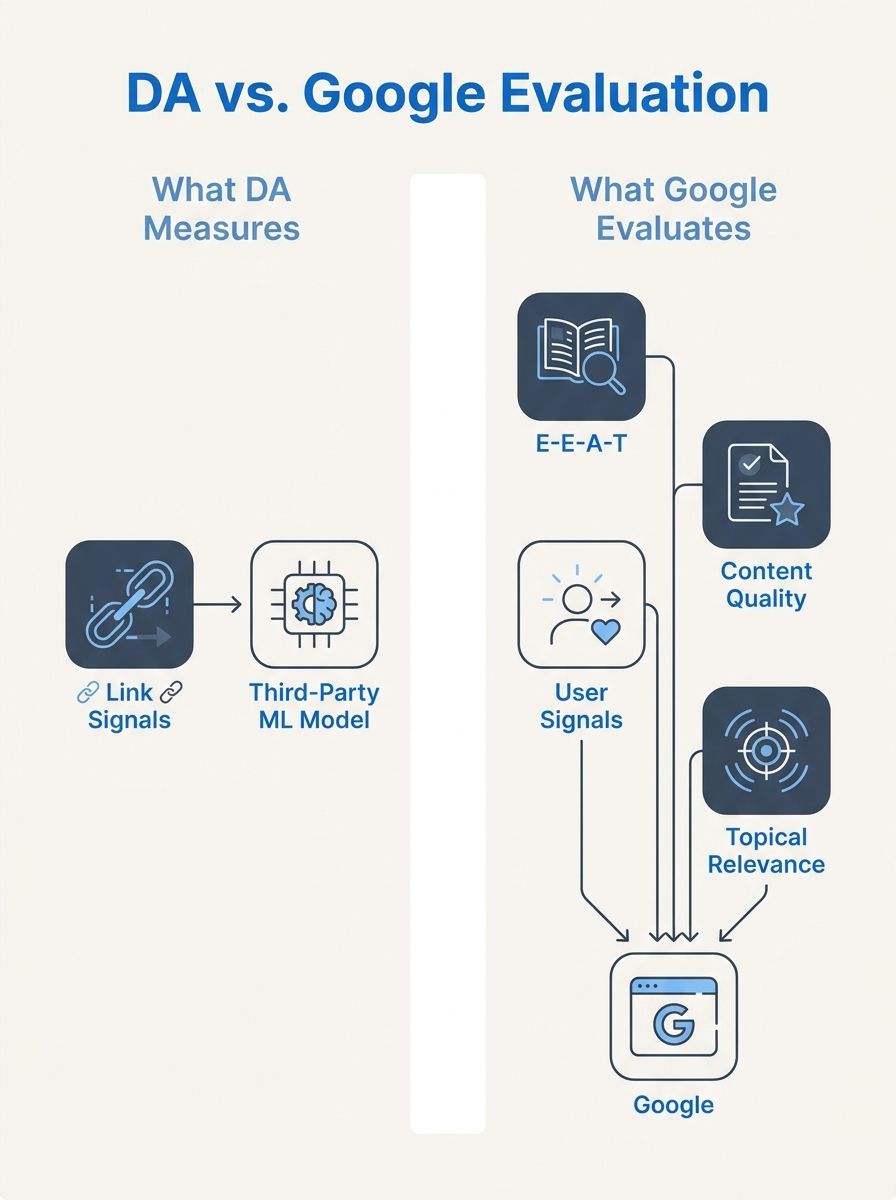 A simplified diagram showing two parallel flows — one labeled "What DA Measures" pointing to link signals feeding into a third-party ML model, and another labeled "What Google Evaluates" pointing to E