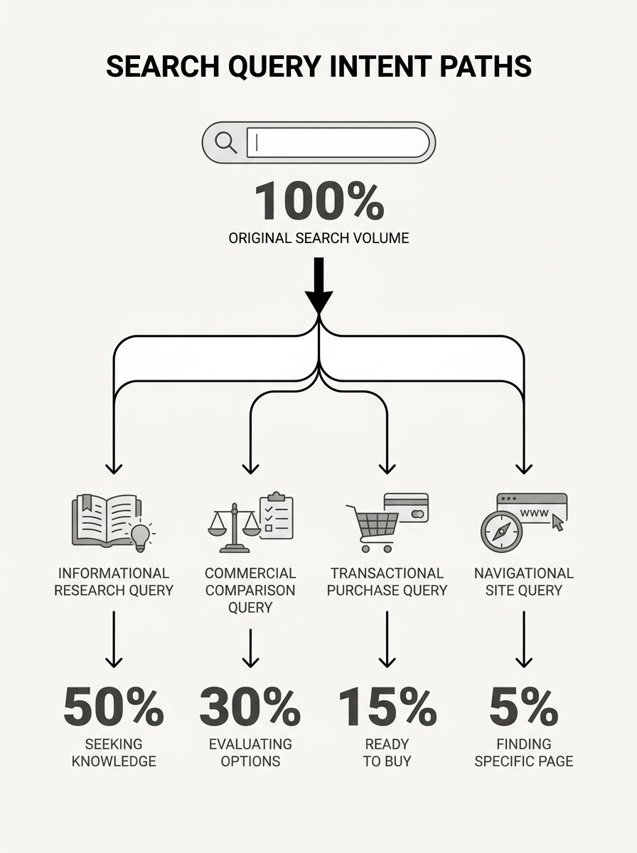 An infographic showing a single search bar query splitting into 4 divergent user intent paths — informational, commercial comparison, transactional purchase, and navigational — each path showing decre
