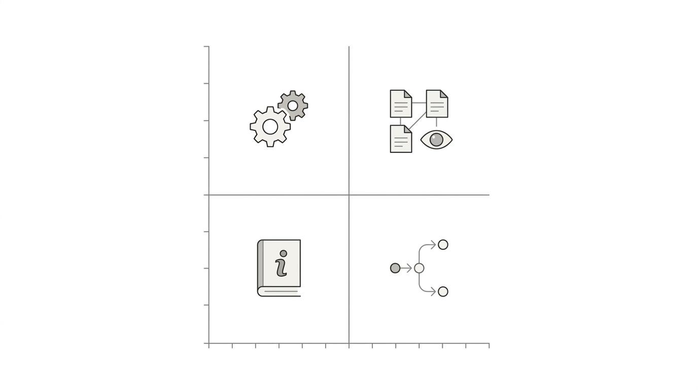 a 2x2 matrix diagram showing the four quadrants of keyword intent prioritization, with Impact on the Y-axis and Effort on the X-axis, each quadrant labeled with example keyword types and recommended a
