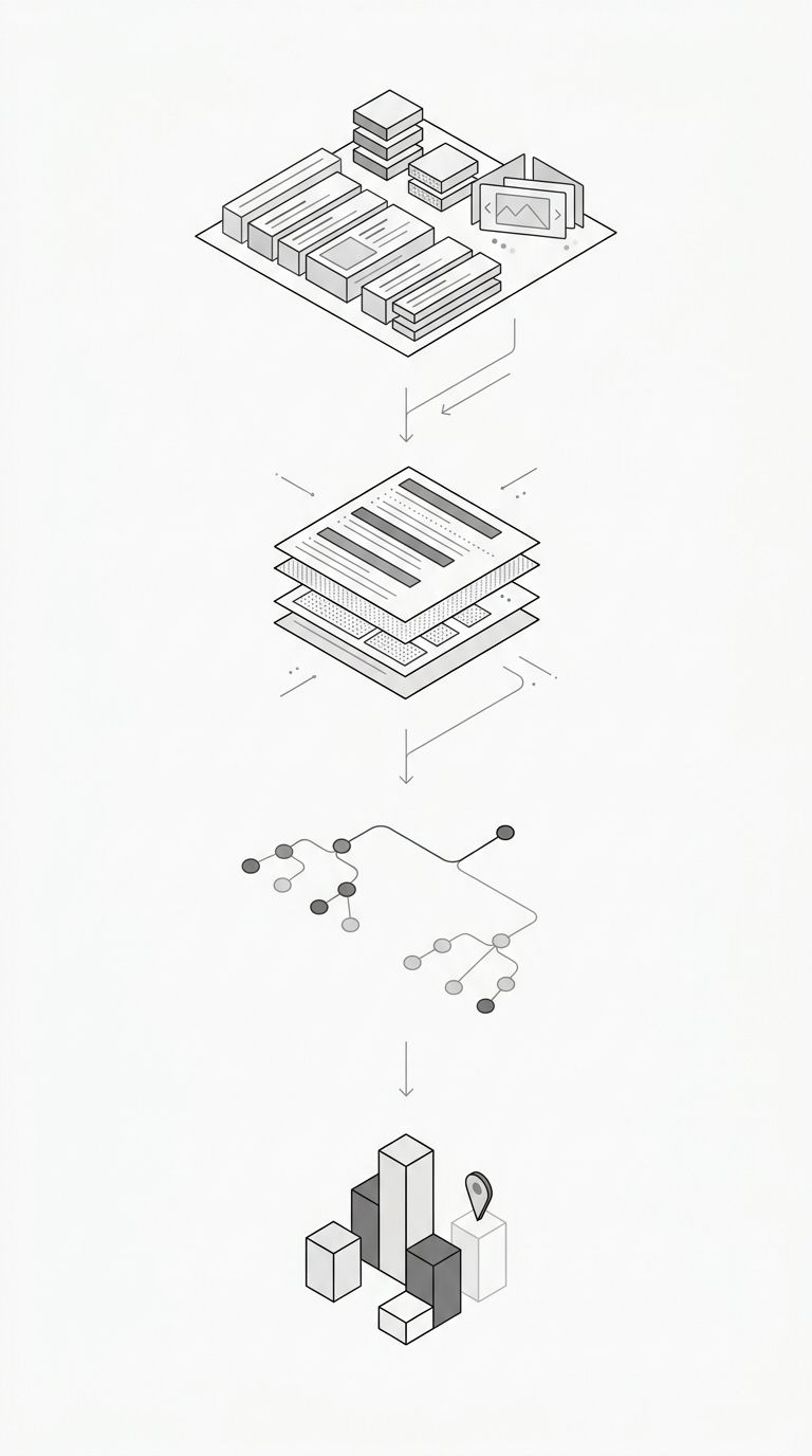 an infographic showing the Four-Layer Intent Extraction method as a vertical flowchart, with SERP Format Fingerprinting at the top flowing down through Title Tag Patterns, H2 Sub-Intent Mapping, and C