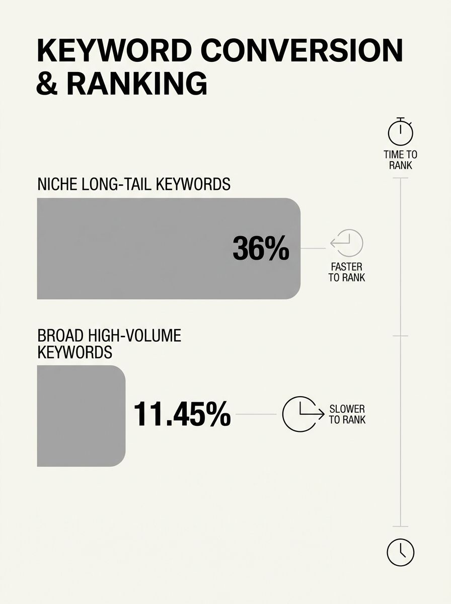 A bar chart comparing conversion rates of niche long-tail keywords at 36% versus broad high-volume keywords at 11.45%, with a secondary axis showing average time to rank for each category