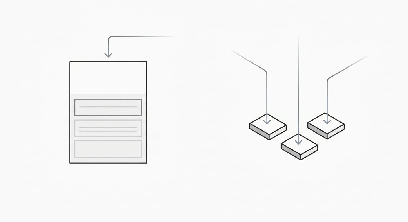 A side-by-side comparison showing a single broad page targeting "CRM software" with three mixed intent sections versus three separate focused pages each targeting one specific intent slice, with arrow