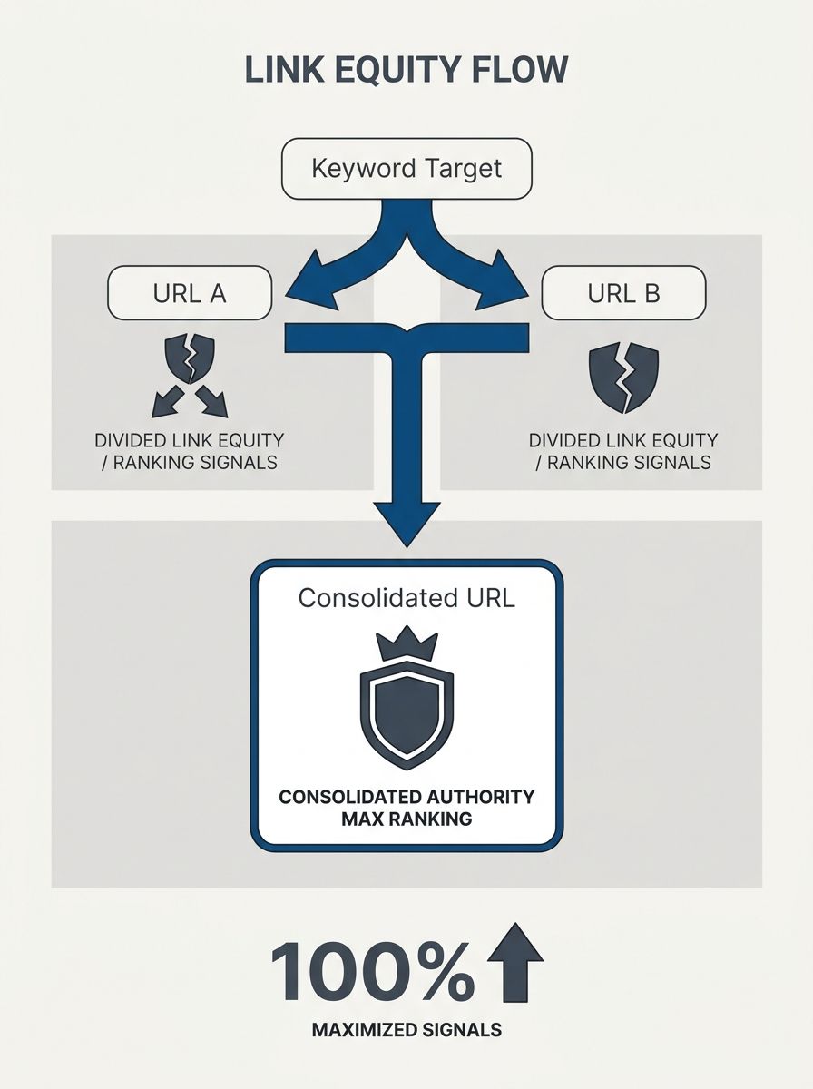 Diagram showing two URLs competing for the same keyword, with split arrows representing divided link equity and ranking signals, versus a single URL receiving consolidated authority