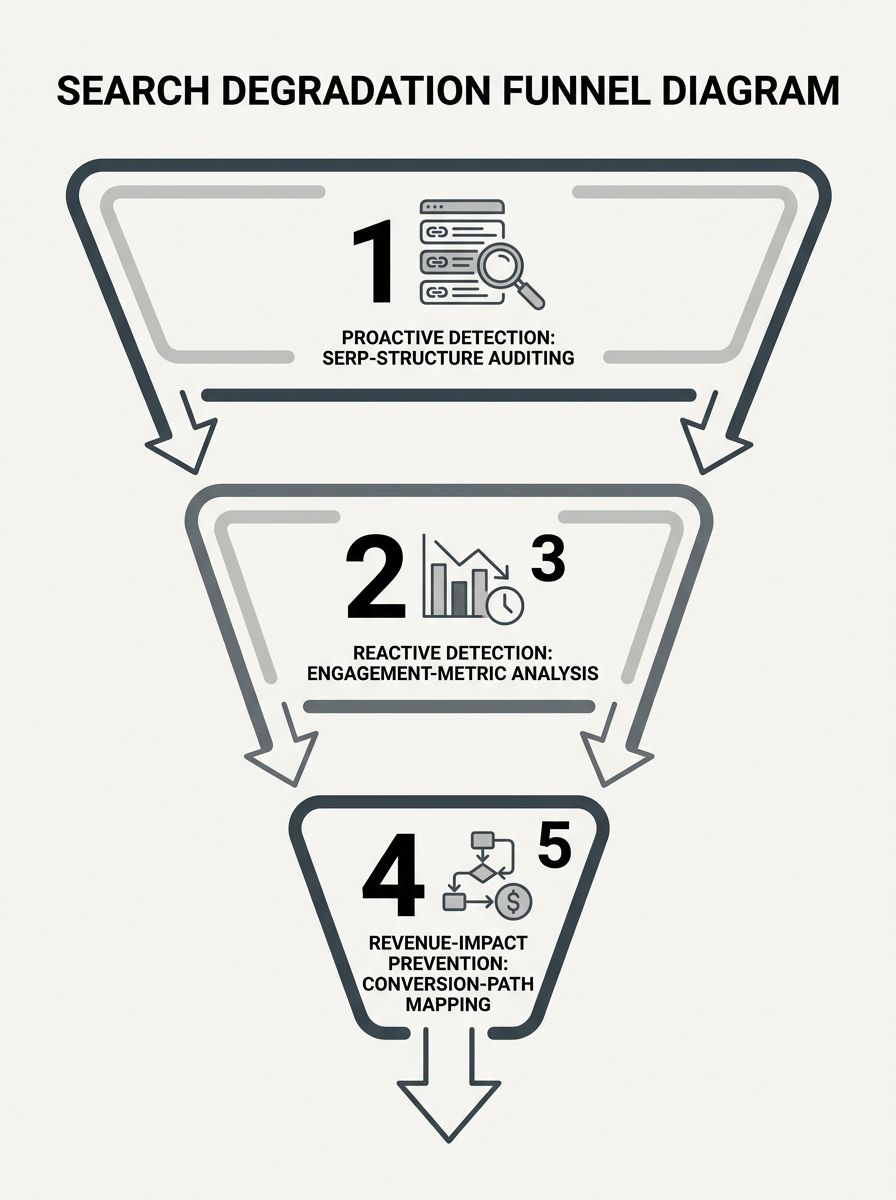A three-layer funnel diagram showing SERP-structure auditing at the top (proactive detection), engagement-metric analysis in the middle (reactive detection), and conversion-path mapping at the bottom