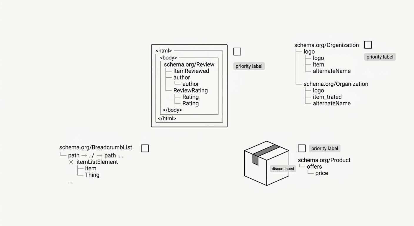 a cleanup checklist visual showing four common orphaned schema types to audit and remove, including deprecated review plugin schema, duplicate Organization blocks from theme conflicts, empty Breadcrum