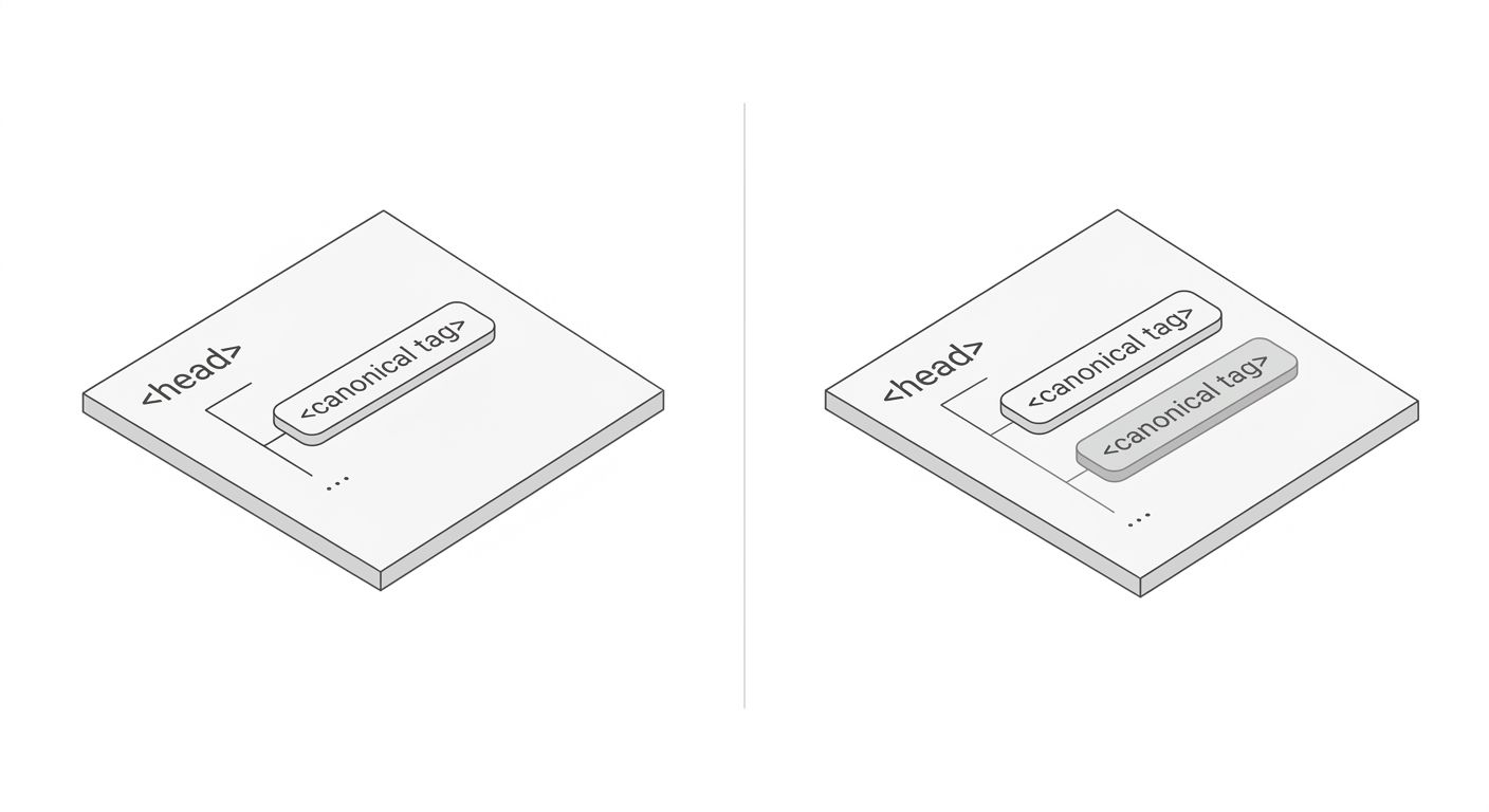 side-by-side comparison of correct rendered HTML head section with 1 canonical tag versus broken rendered HTML head section with 2 conflicting canonical tags, highlighting the duplicate