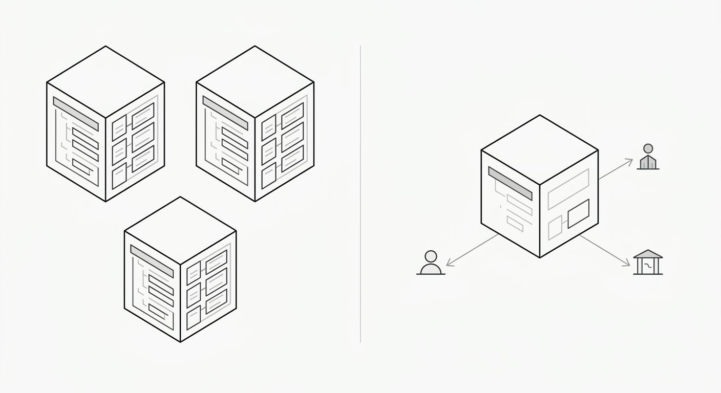 side-by-side comparison diagram showing a wrong approach with duplicated Organization properties repeated across three JSON-LD blocks versus a correct approach with separate blocks connected by @id re