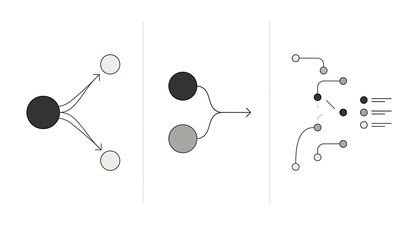infographic showing three columns representing the three disagreement patterns between semantic and SERP clustering, with example keyword pairs in each column, arrows showing whether they should be me