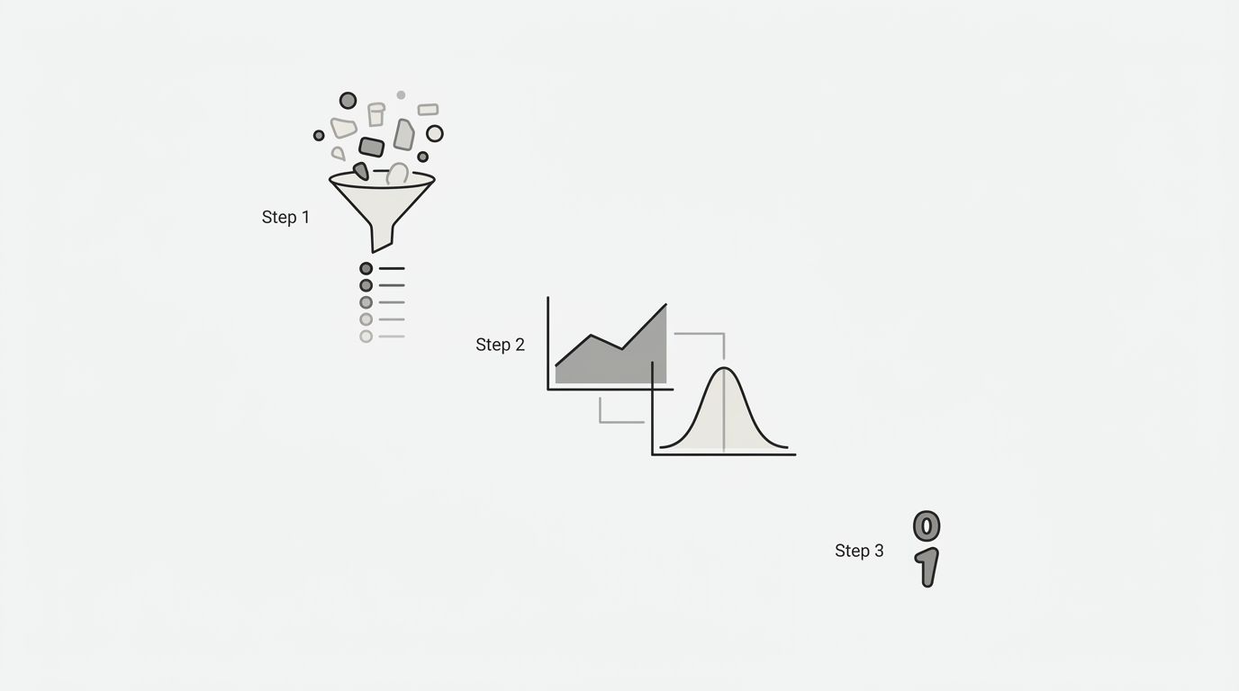 An infographic showing a three-step validation workflow: Step 1 shows third-party tool estimates funneling into a relative priority list, Step 2 shows Google Search Console impression data cross-refer