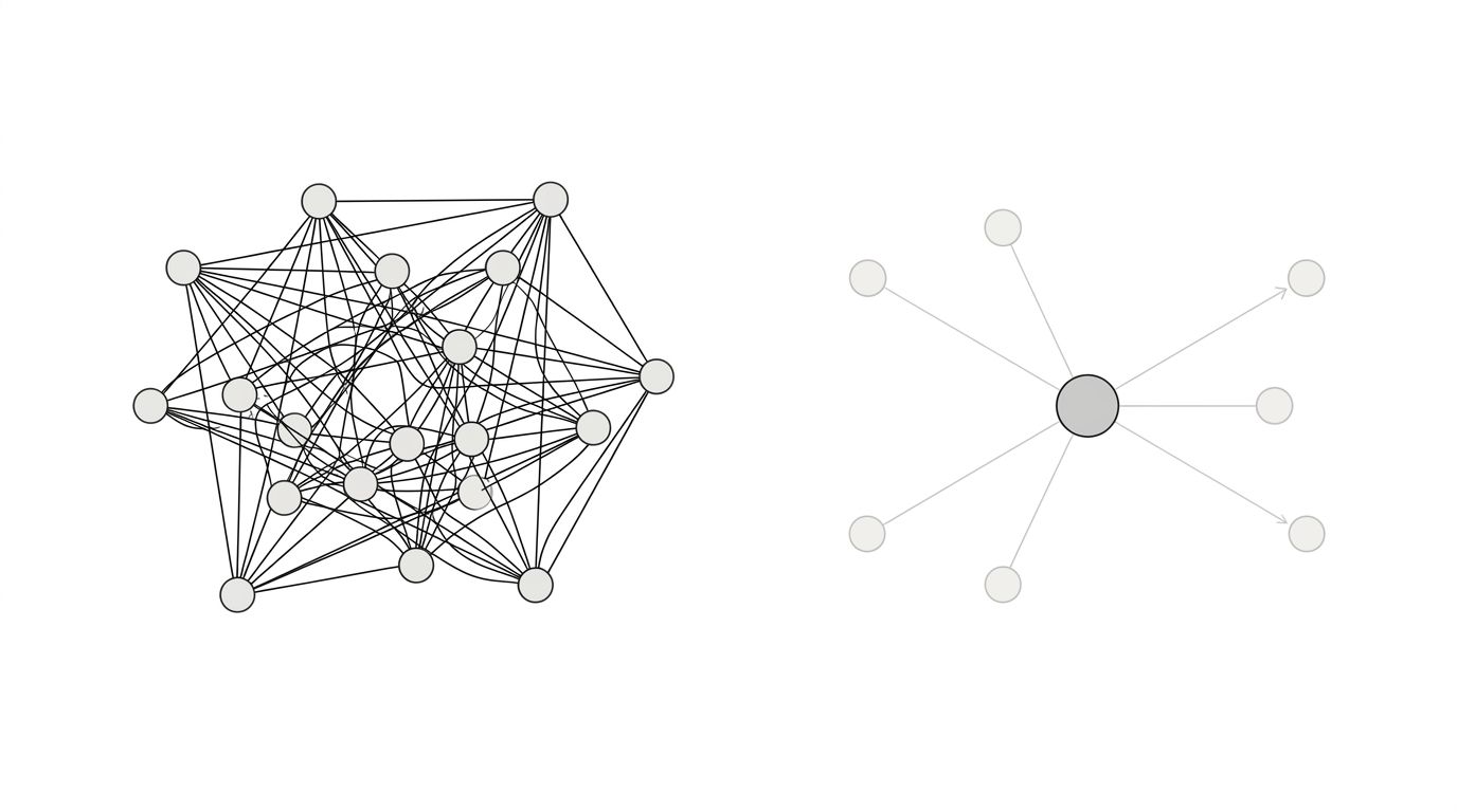 A before-and-after comparison of a site's internal link structure, showing a tangled web of cross-linked pages with no clear hierarchy on the left versus a clean hub-and-spoke link structure with dire