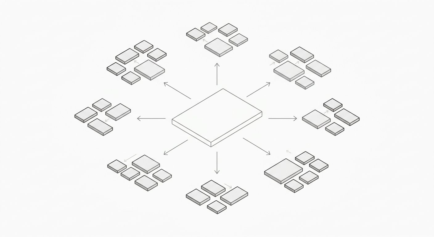 Infographic showing a hub-and-spoke topic cluster model with a central pillar page connected to 8 supporting pages, each labeled with a distinct keyword cluster and search intent type, with arrows sho