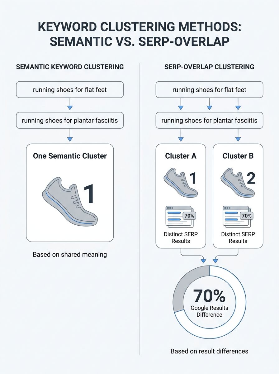 side-by-side diagram comparing semantic keyword clustering (grouping by word meaning, showing keywords like "running shoes for flat feet" and "running shoes for plantar fasciitis" merged into one clus