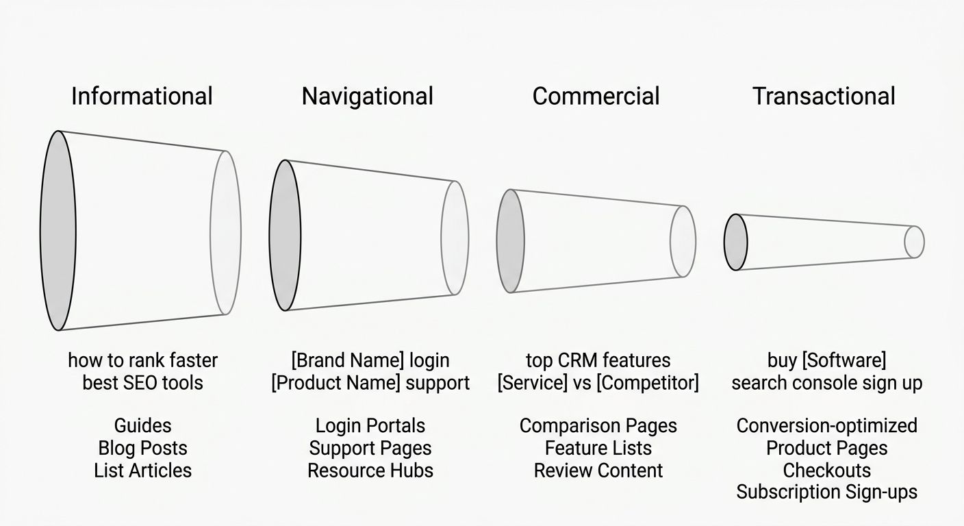An infographic showing the four search intent buckets arranged as a horizontal funnel, with informational on the left flowing through navigational and commercial to transactional on the right, with ex
