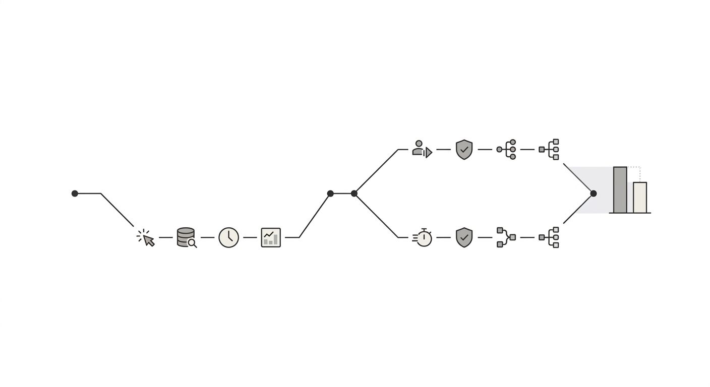 flowchart showing how a single organic search visit is recorded differently by GSC and GA4, with two parallel paths — GSC path showing click counted, query logged, UTC date assigned; GA4 path showing 