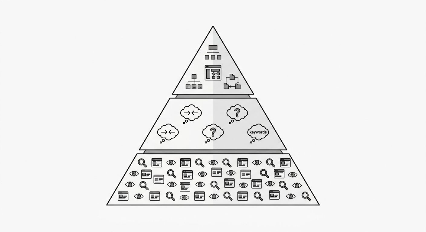 A three-tier pyramid diagram showing the 7-30-90 monitoring stack with weekly impression scans at the base, monthly intent checks in the middle, and quarterly structural audits at the top, with time i