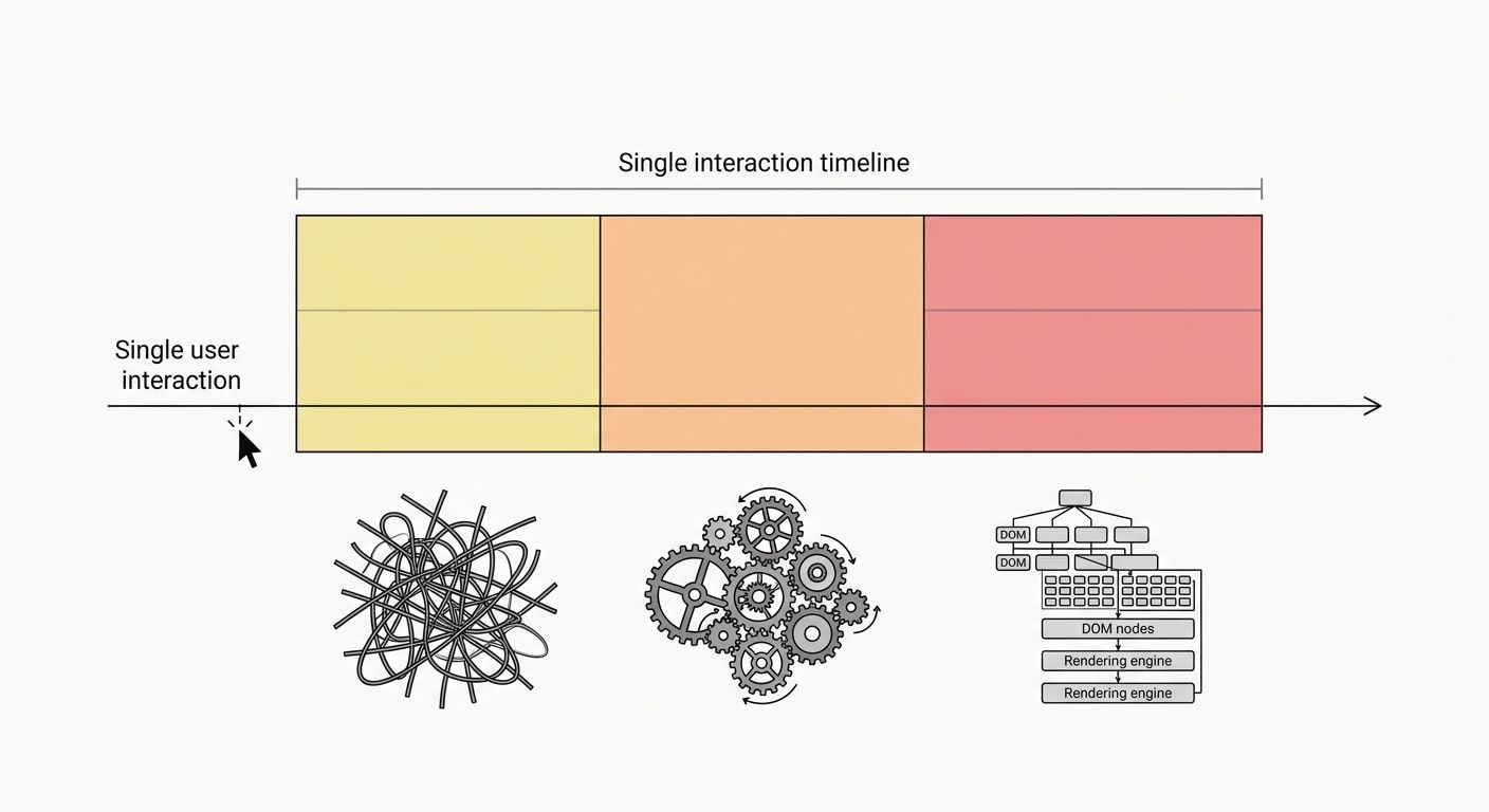 infographic showing the three phases of INP measurement as three stacked colored bars within a single interaction timeline, with input delay in yellow, processing time in orange, and presentation dela