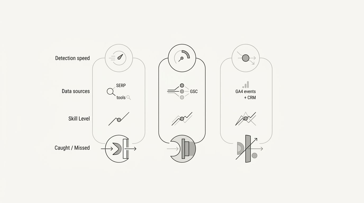 An infographic comparing the three detection methods side by side, showing for each method: detection speed (proactive, reactive, lagging), data sources required (SERP tools, GA4/GSC, GA4 events + CRM
