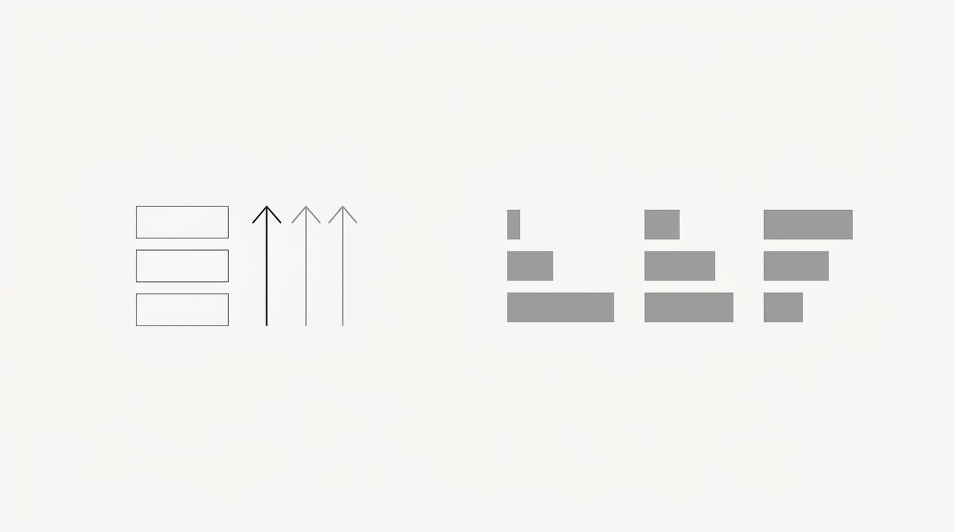A conceptual illustration showing two side-by-side scenarios, one where relative keyword ranking within a single tool is consistent with arrows pointing in the same direction for multiple keywords, an