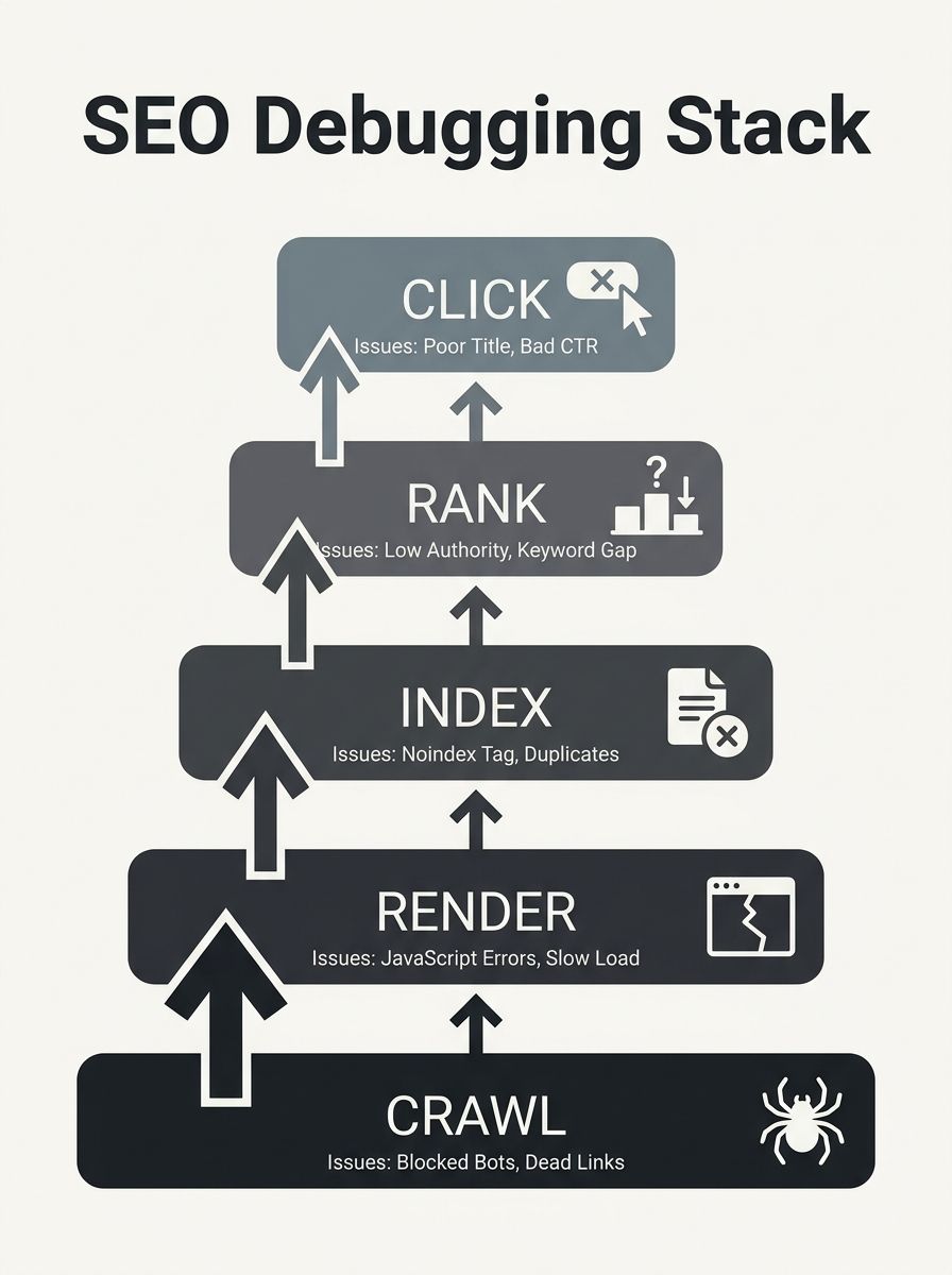 A five-layer pyramid diagram showing the SEO debugging stack from bottom to top: Crawl, Render, Index, Rank, Click, with arrows indicating the bottom-up diagnostic direction and example issues at each