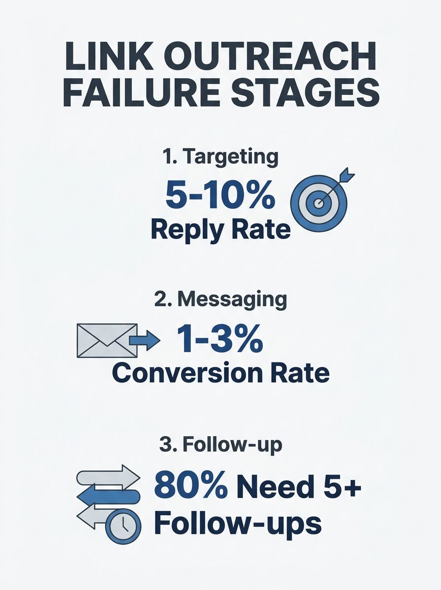 infographic showing the three stages of link outreach failure — targeting, messaging, and follow-up — with key statistics at each stage like 5-10% reply rate, 1-3% conversion rate, and 80% needing 5+ 