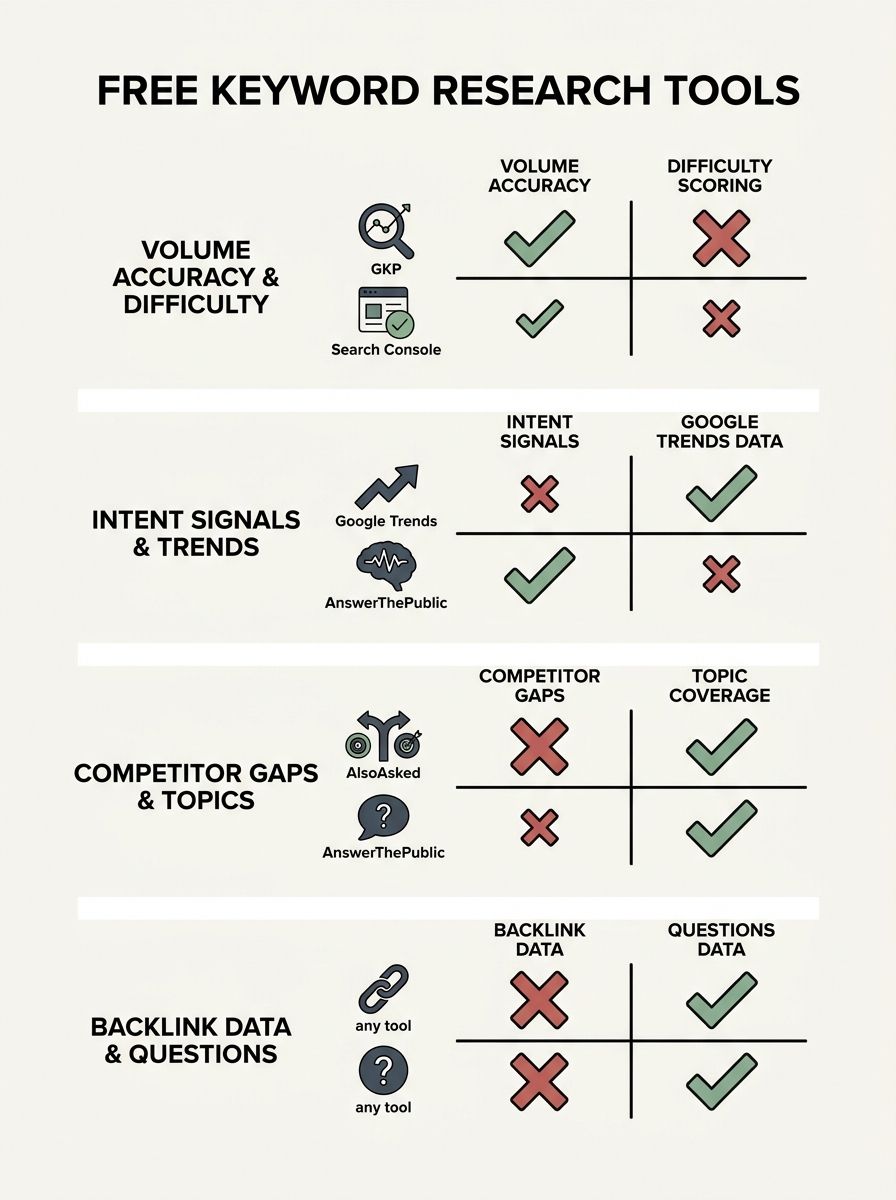 comparison chart showing five free keyword research tools (Google Keyword Planner, Search Console, Google Trends, AnswerThePublic, AlsoAsked) mapped against data capabilities including volume accuracy