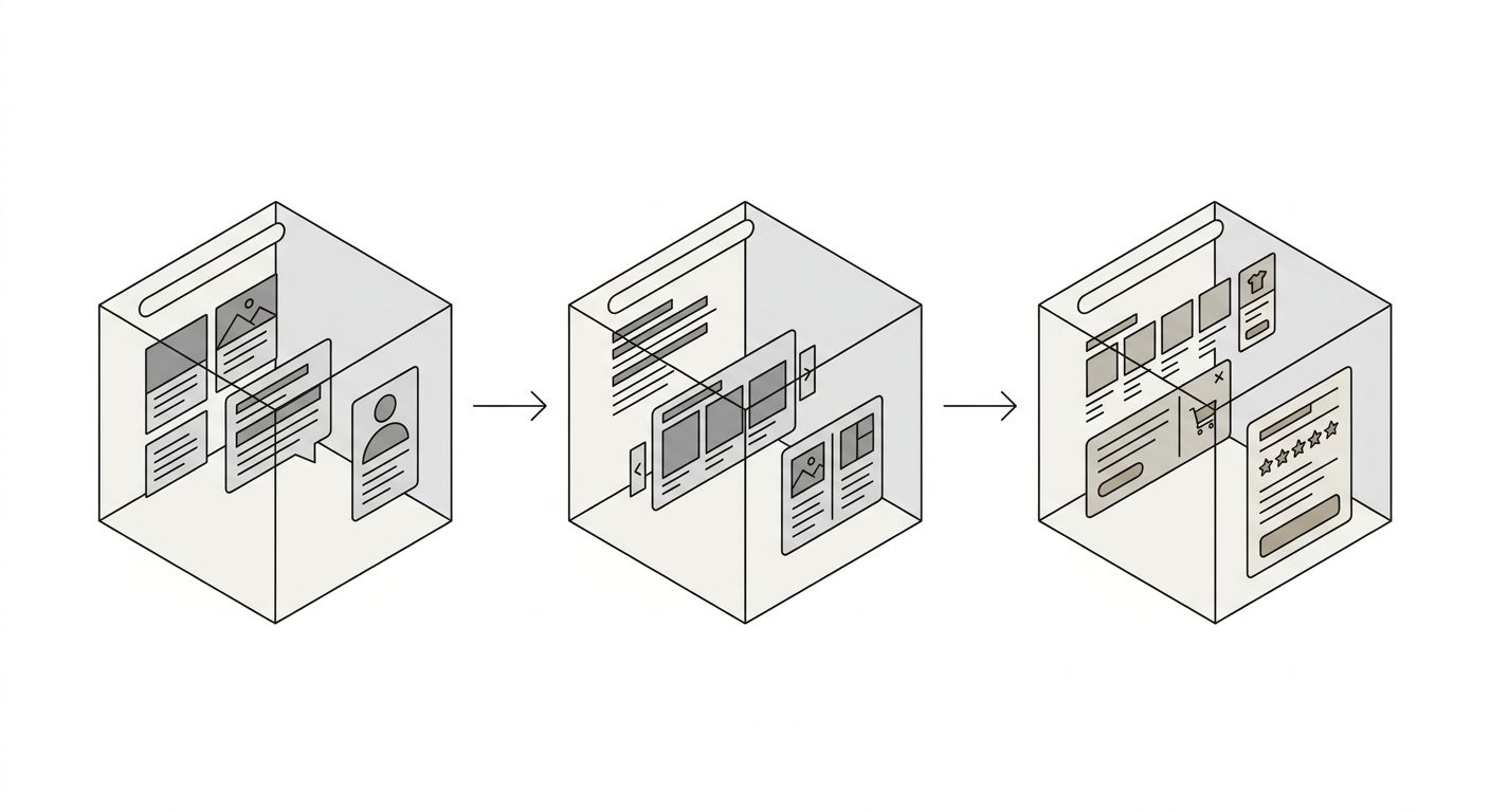 A diagram showing three monthly intent shift snapshots for a single keyword, illustrating how SERP composition changes from informational to transactional over a quarter