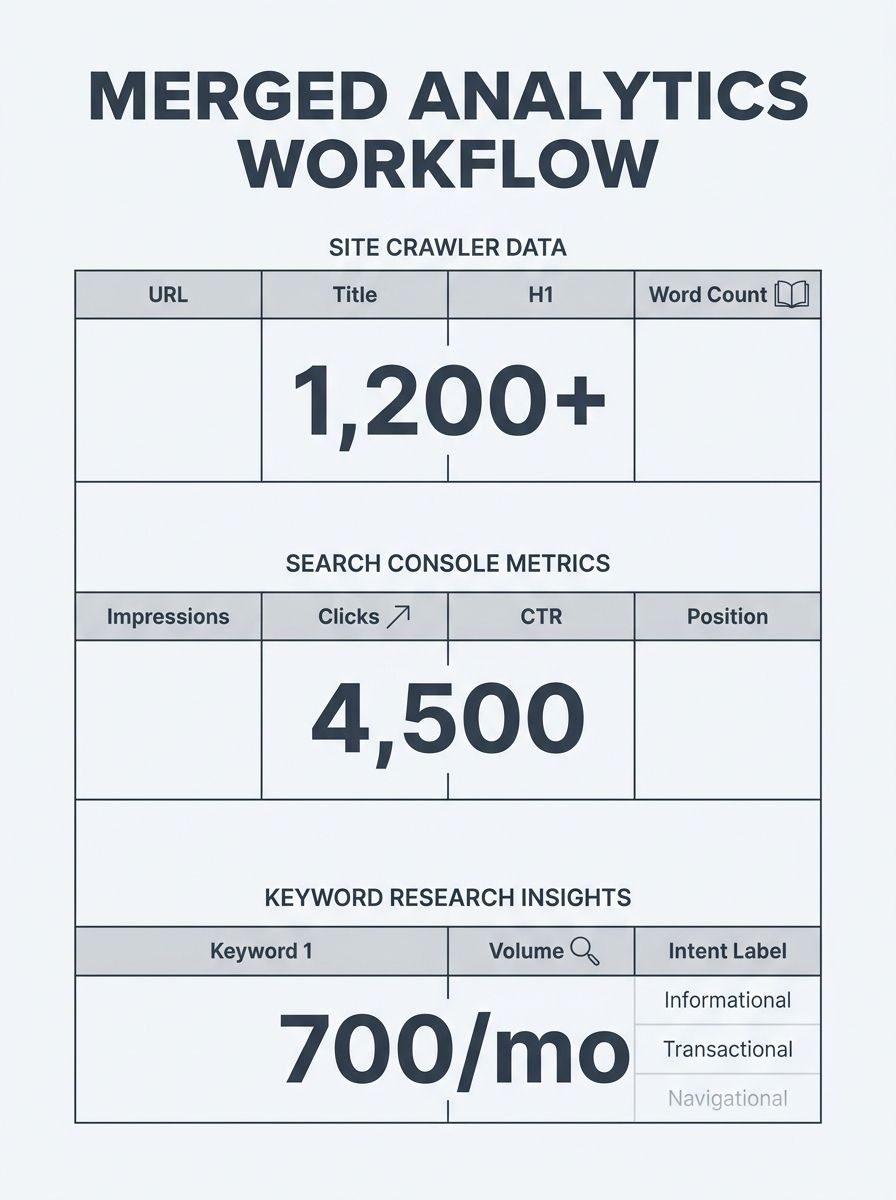 A spreadsheet layout showing merged columns from a site crawler, Google Search Console, and a keyword research tool, with columns labeled URL, Title, H1, Word Count, Impressions, Clicks, CTR, Position
