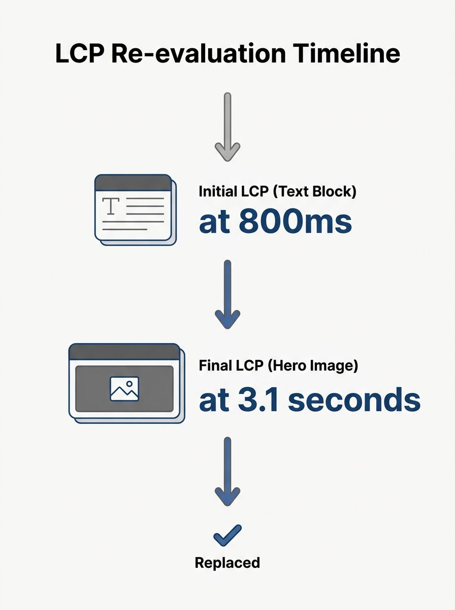 diagram showing how the browser re-evaluates the LCP candidate element over time, with a timeline showing a text block as initial LCP at 800ms being replaced by a hero image at 3.1 seconds